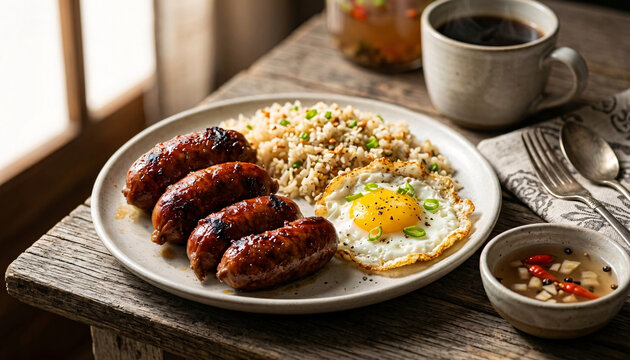 Hearty breakfast plate featuring glossy grilled sausages, sunny fried egg, seasoned rice and spicy dipping sauce beside a cup of hot black coffee.