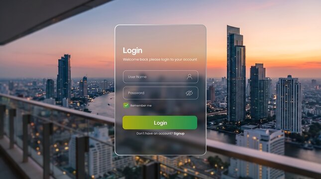 Mobile login screen on smartphone with sunset landscape background and Smartphone displaying login interface with green submit button and Modern ap...