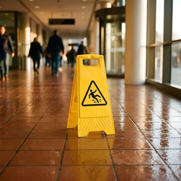 Yellow wet floor sign standing on a slippery tiled corridor indoors