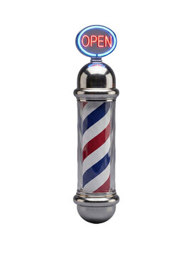 Open sign glowing neon barber pole display vintage style