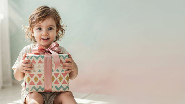 A cute toddler happily holding a gift box.