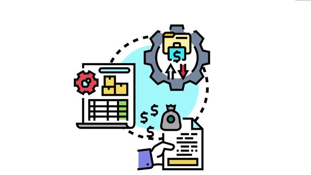 Business hand holding financial document near a laptop with spreadsheet and boxes, linking to a gear icon with folders and money symbols, representing financial management and optimization