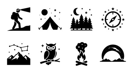 Fototapeta premium Camping and Hiking Icons Set, Outdoor Adventure Vector Graphics, Nature Exploration Symbols, Night Sky Elements