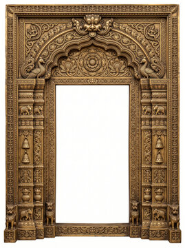 Tall South Indian temple doorway frame with radial medallion, dense floral relief, carved pillars and golden bronze ornament