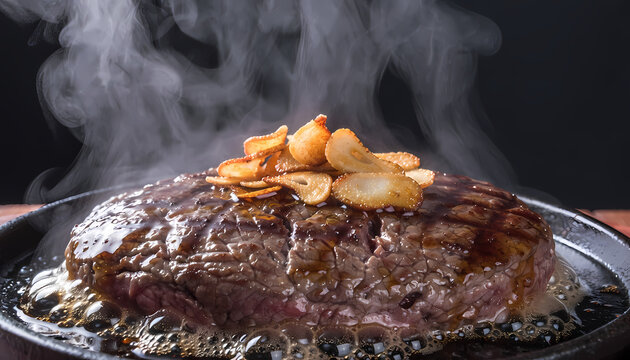 Premium Wagyu Beef Hamburger Steak Sizzling on Hot Iron Plate with Garlic Chips