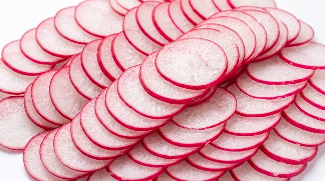 Fresh radish slices pattern on white background. Thinly sliced red radishes in rows. Raw organic vegetable rounds for culinary food photography.