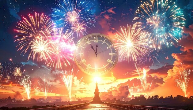 Spectacular fireworks illuminate the sky above a cityscape at dusk, with a large clock face symbolizing the passing of time.