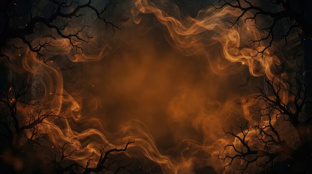 Spooky Halloween background with orange smoke frame, creepy bare branches, bats, and central copy space