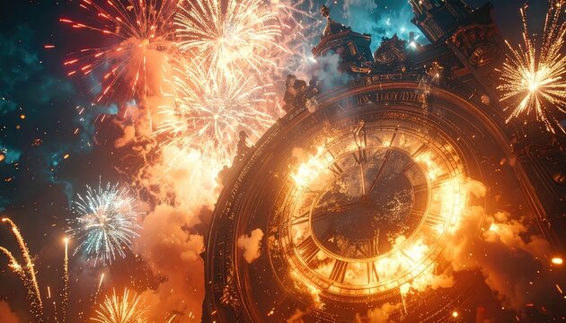 A clock tower ablaze with flames and surrounded by fireworks