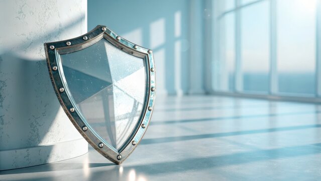 A Reflective Metal Shield Stands Guard in a Modern Hallway