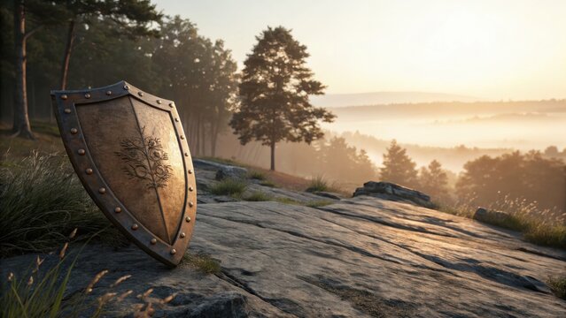 Ancient Bronze Shield Rests on Textured Rock Landscape at Sunrise