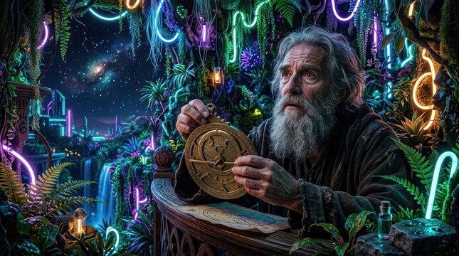 Elderly man with astrolabe in fantasy forest setting