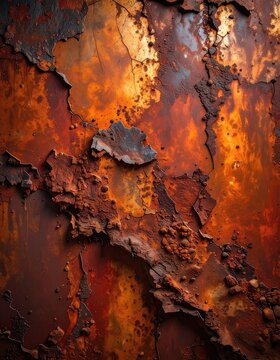 Close-up of rusted metal with vibrant orange and brown hues and cracked textures.