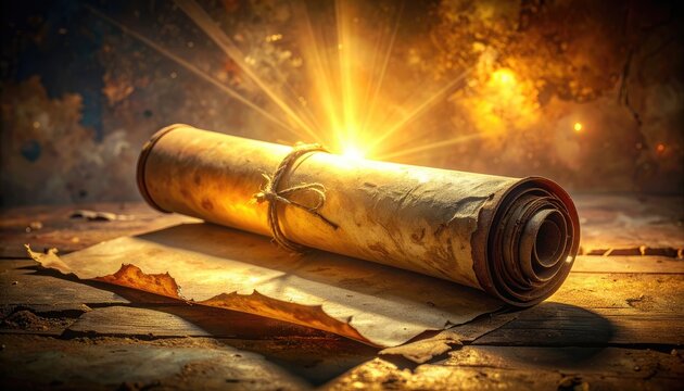 An ancient scroll lies on a wooden surface, illuminated by a bright, ethereal light.