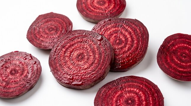 Fresh sliced beetroot rounds on white background. Vibrant red beet vegetable slices with rings. Organic raw beetroot for healthy cooking.