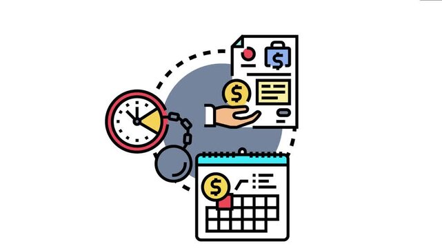 Accounts owed payment notice conveying financial obligation, debt deadline, and overdue reminder with a calendar, document, and clock icon