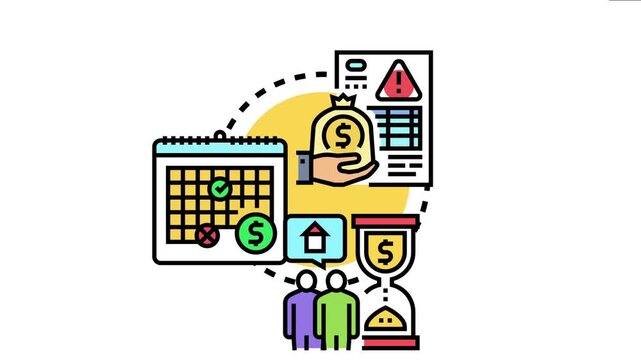 Conceptual showing a payment notice and financial obligations. Featuring a hand with a money bag. A calendar with dates. An hourglass representing time