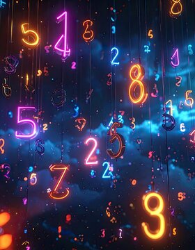 Neon numbers suspended in a cloudy, cosmic background.