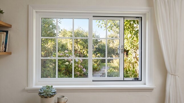 Modern white sliding window with garden view, bright home interior with window frame, residential glass window overlooking green trees