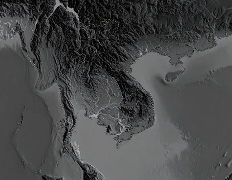 Topographical map of Southeast Asia highlighting geographical features and political boundaries.