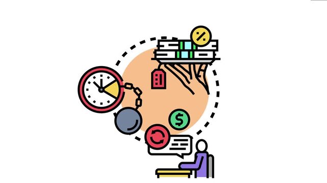Financial process of accounts receivable payment by a debtor featuring money. A clock with a chained weight. And a person managing the transaction