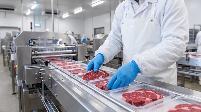 Food factory worker in white uniform, with blue protective gloves and plastic trays, packing raw beef steaks on conveyor line, in meat processing industrial plant, food production photography