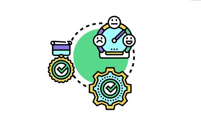 University accreditation concept, quality assurance, official approval, and learning process evaluation using an icon set with a feedback meter and certified badges