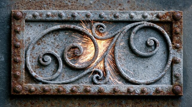 Close-up of ornate, rusty metalwork with glowing sparks from grinding or welding