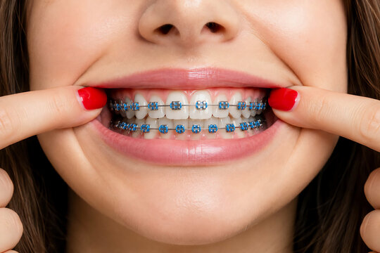 A close-up of a smiling woman pulling back her lips with red-painted fingers to display straight white teeth with metallic braces and blue bands.