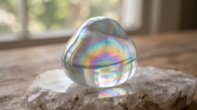 Iridescent glass paperweight on quartz crystal. Holographic crystal ball on wooden table. Spiritual meditation decor with rainbow light.