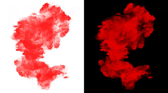 Red smoke explosion on white and black background, vibrant ink cloud splash, abstract scarlet powder burst for creative design