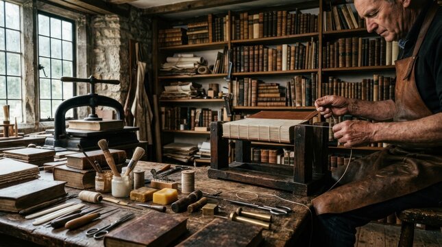 Artisan crafting bookbinding in historic workshop setting
