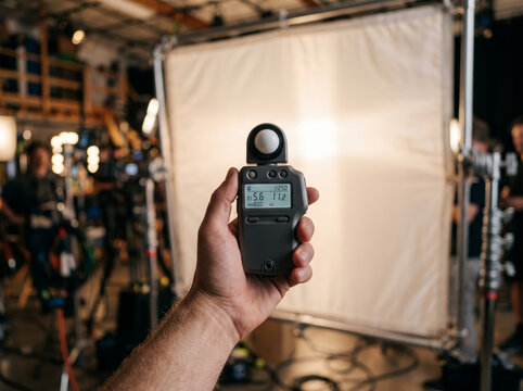 Filmmaker holding light meter to measure exposure on movie set stage