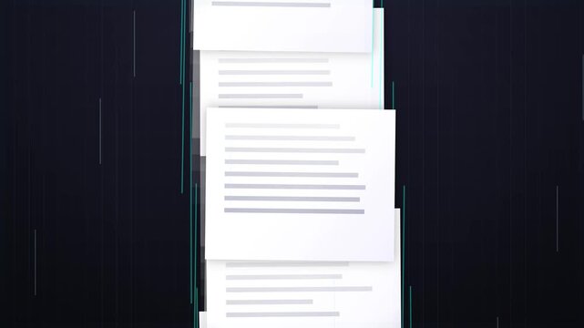 Conceptual 3D motion render of multiple white paper documents and digital files floating vertically against a dark background for data processing and information flow