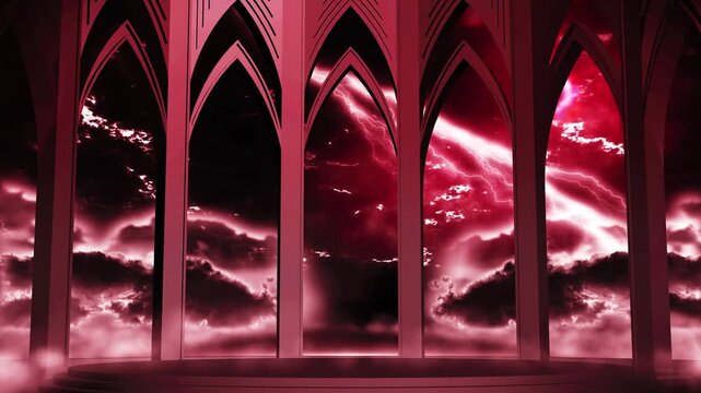 Gothic arches frame a dramatic crimson thunderstorm with intense lightning.