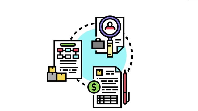Vector depicting an accumulating verification process, with documents, a magnifying glass for identity checks, checkboxes, money, and shipping boxes