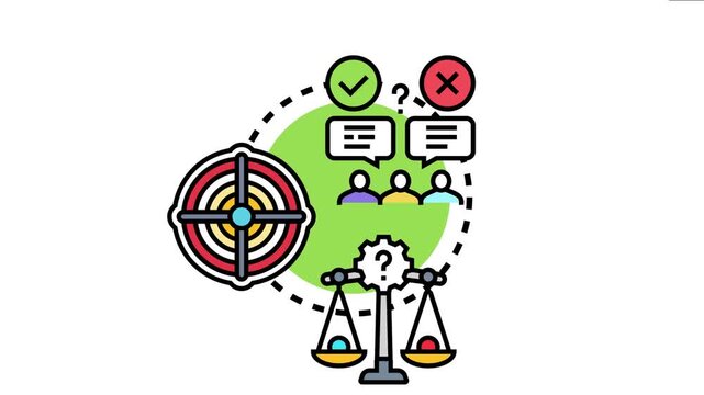 Accuracy concept information validation, precise targeting, and balanced decision making through icons representing correct and incorrect options, a target, and scales