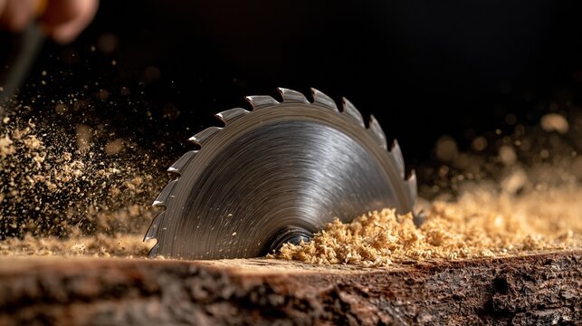 Close-up of a sharp circular saw blade cutting through wood, creating sawdust and sparks