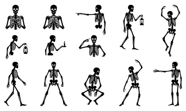 Black and white skeleton figures in various dance poses