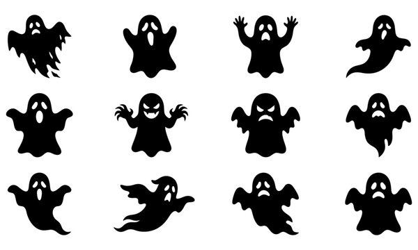 Black ghost icons in playful flying pose set