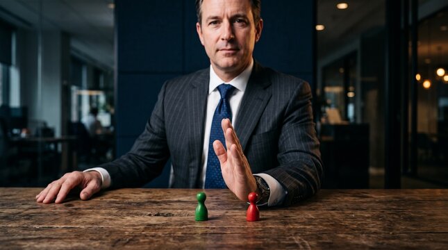 Business Strategy Confrontation: A determined businessman in a sharp suit sits at a wooden table, using his hand to divide two colored game pieces.