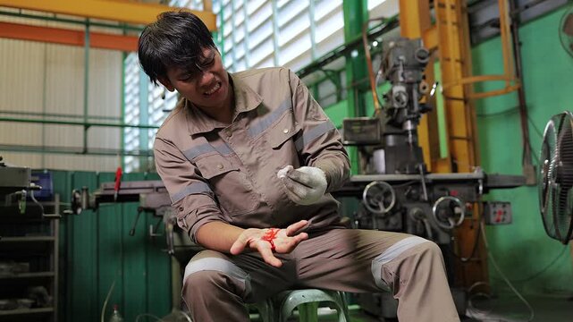 An industrial worker experiencing an accidental hand cut and bleeding in a metal machinery workshop. Concept of manufacturing safety negligence and occupational accident.