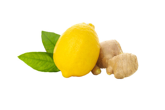 Lemon and ginger root with green leaves nearby, isolated, PNG