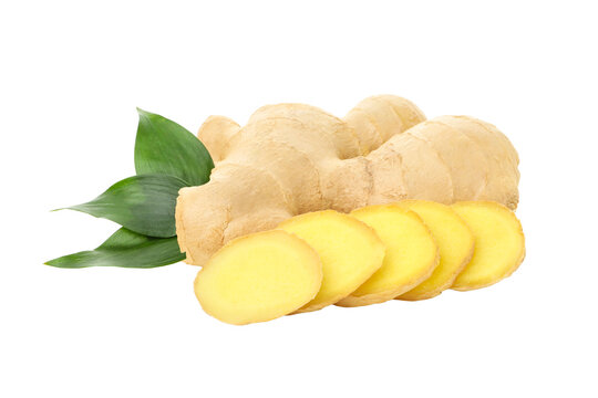 Fresh ginger root sits with green leaves and slices, isolated, PNG