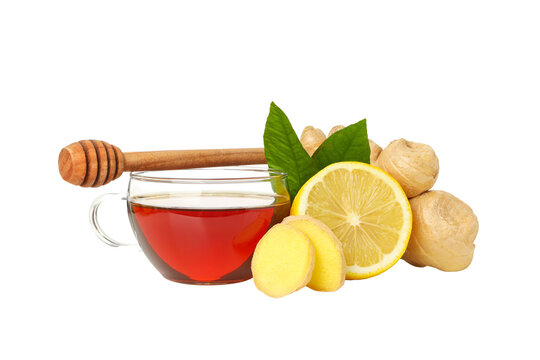 Ginger tea with honey and lemon slices, isolated, PNG