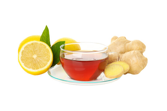 Ginger tea next to sliced lemon and ginger, isolated, PNG