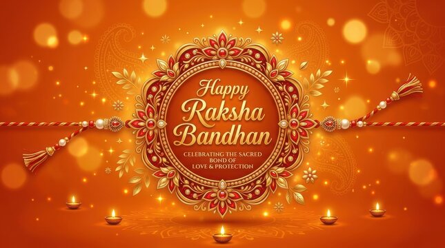 Decorative rakhi design in gold and red on orange background with diyas celebrating Raksha Bandhan holiday festival.