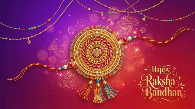 Golden ornate rakhi wrist band featuring paisley floral background and hanging jewelry chains for raksha bandhan festival.