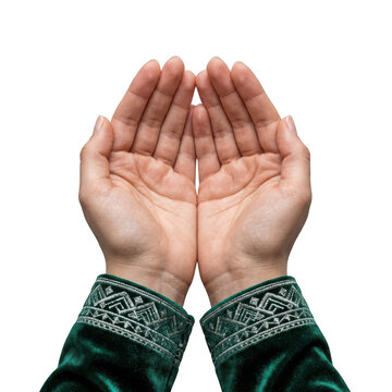 Hands in traditional clothing cupped for prayer