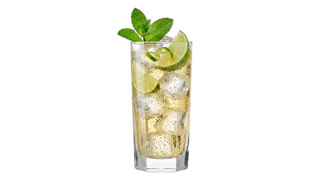 Refreshing Gin and Tonic: A tall, chilled glass filled with a crisp gin and tonic, adorned with fresh lime slices and a sprig of mint, offers a cool and invigorating sensation.